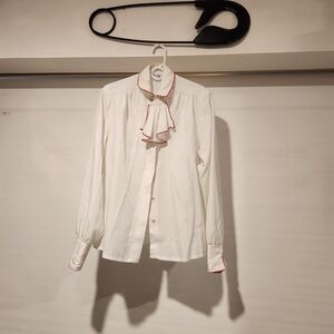 Vintage Elegant White Blouse with Red Trim